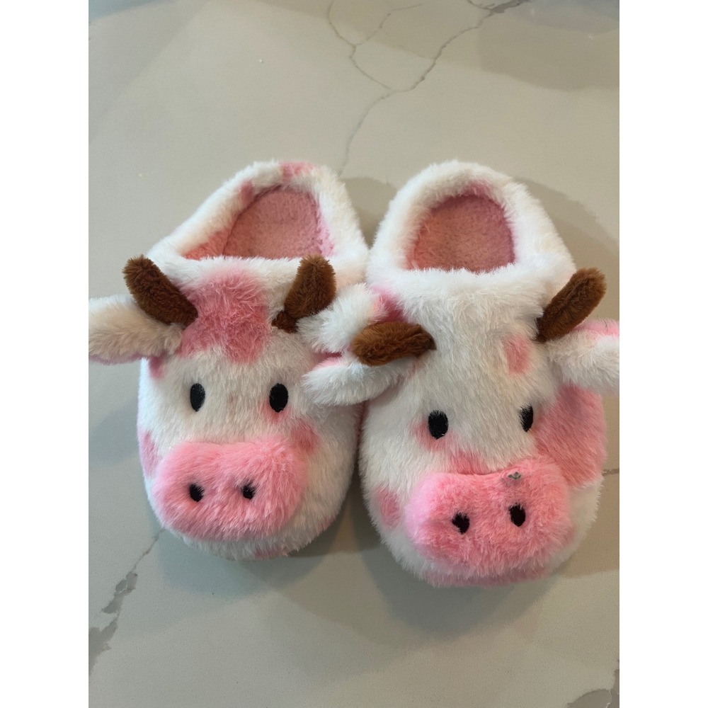 Pink Cow Print Plush Slippers Fuzzy House Shoes Kids Size 35 Cow Face Design